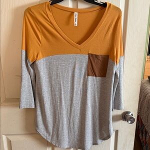 Zenana Outfitters Mustard and Gray Colorblock V-Neck Top